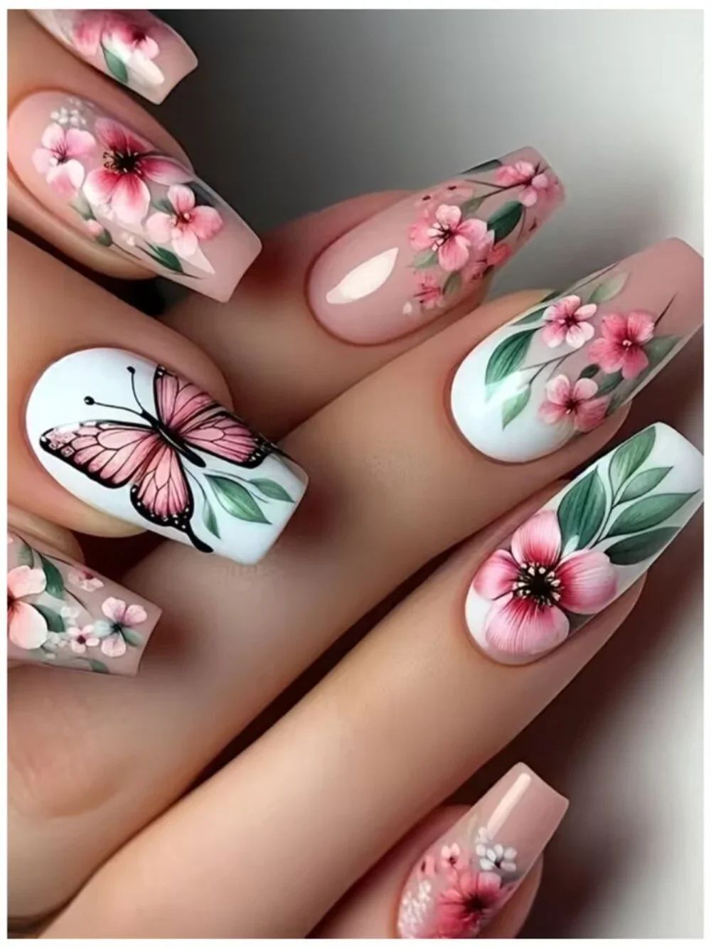 NWT 24 Pcs Butterfly Pink Floral Press On Nails Coffin Shape Medium
